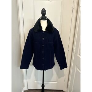 Vintage Lisa International Boiled Wool Jacket Faux Fur Collar Navy L Hong Kong